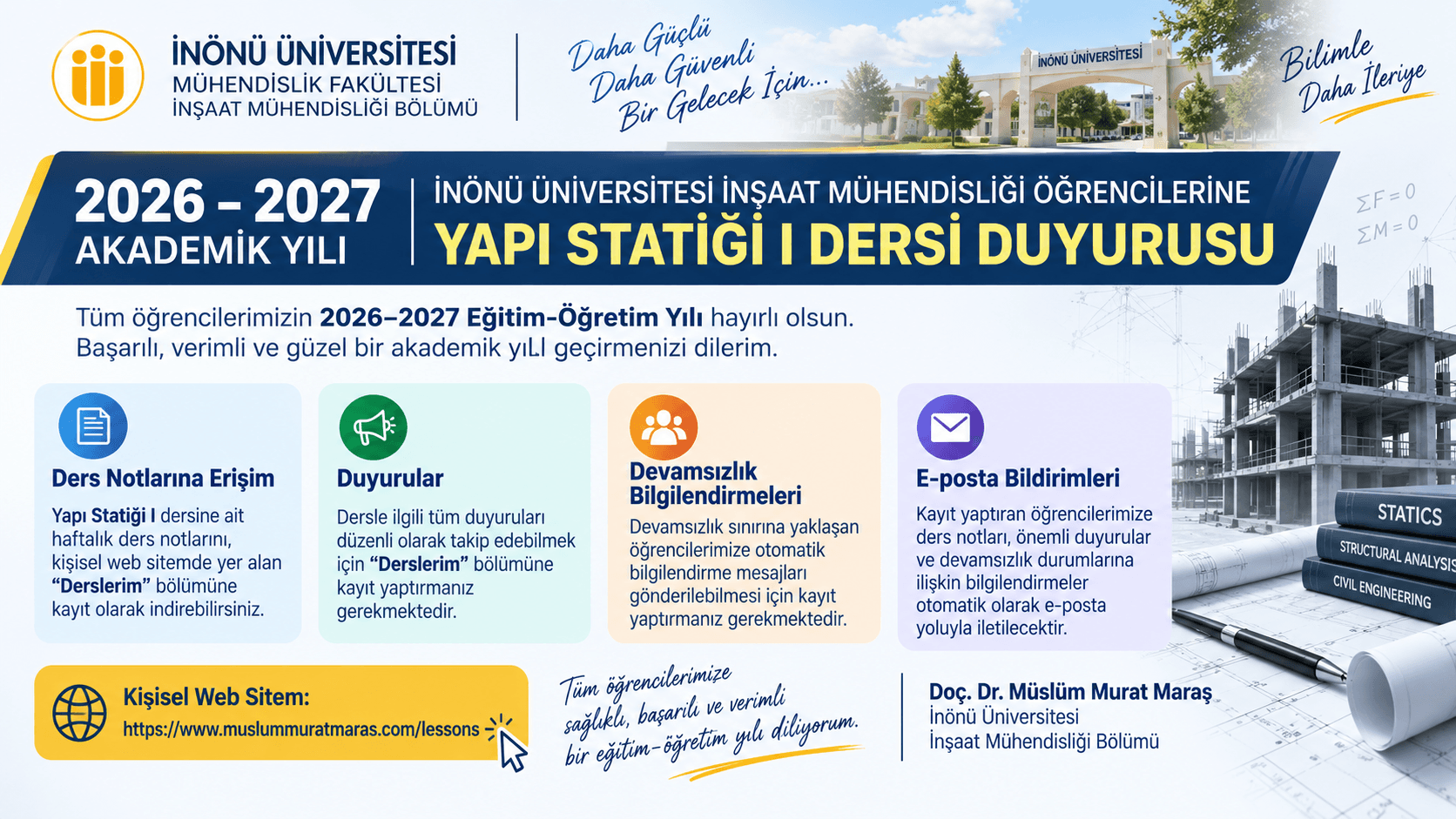 2026-2027 Fall Semester Structural Analysis I Course Announcement